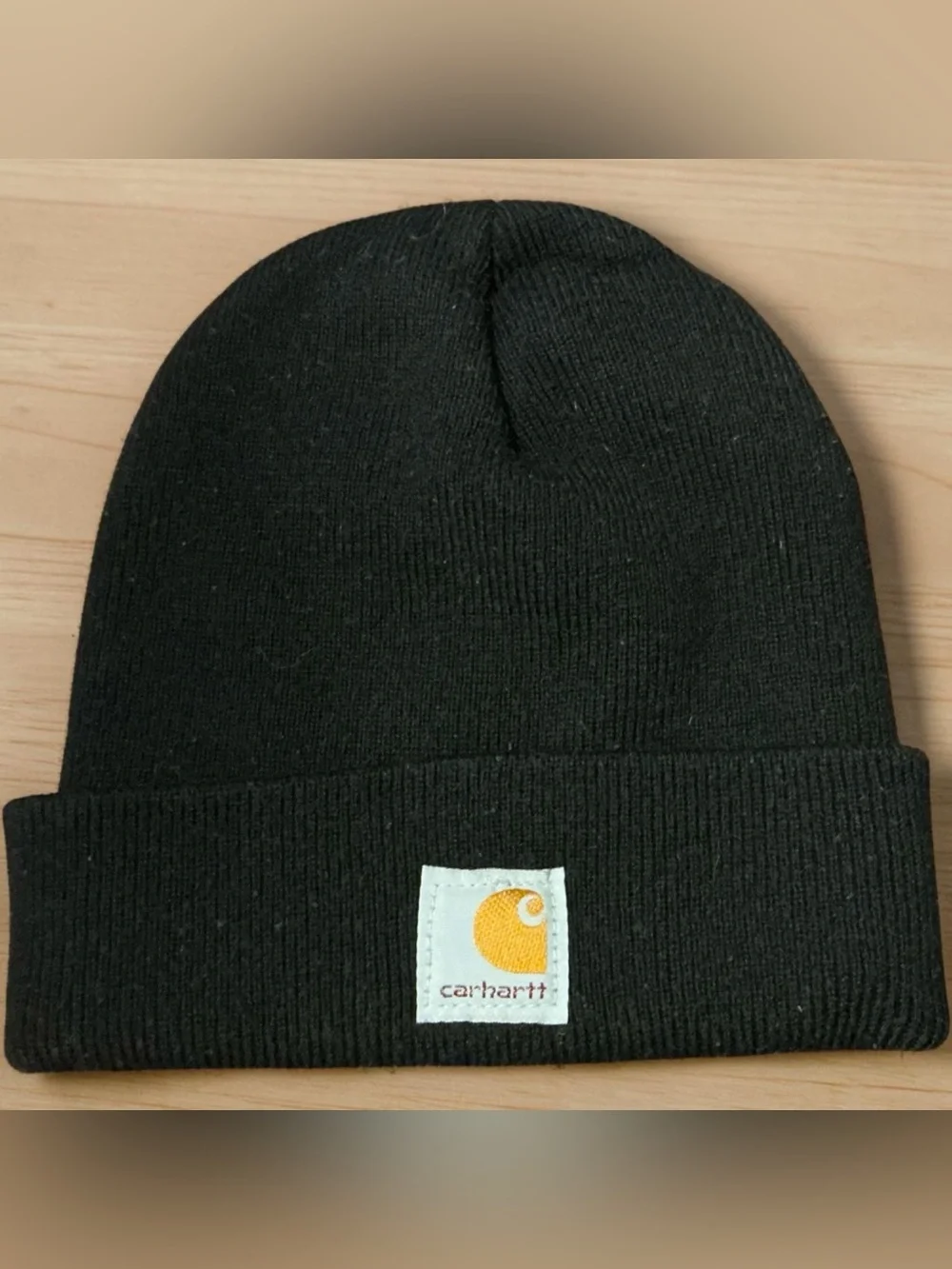Carhartt Kids Black Knit Cuffed Beanie with Yellow Logo Patch